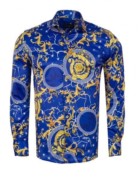 SL 7182 Men's royal blue Baroque print satin shirt